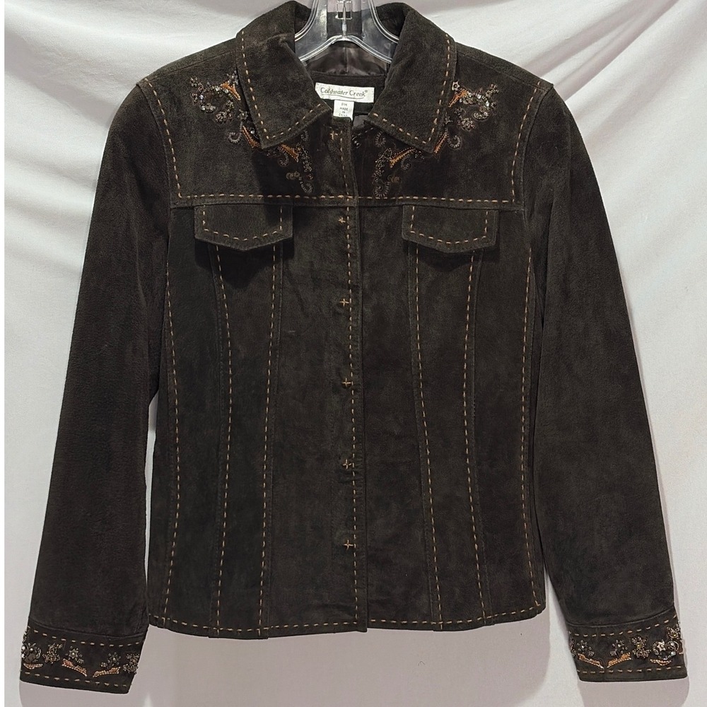 Coldwater Creek Brown Suede Leather Beaded Sequin Jacket Petite Medium PM